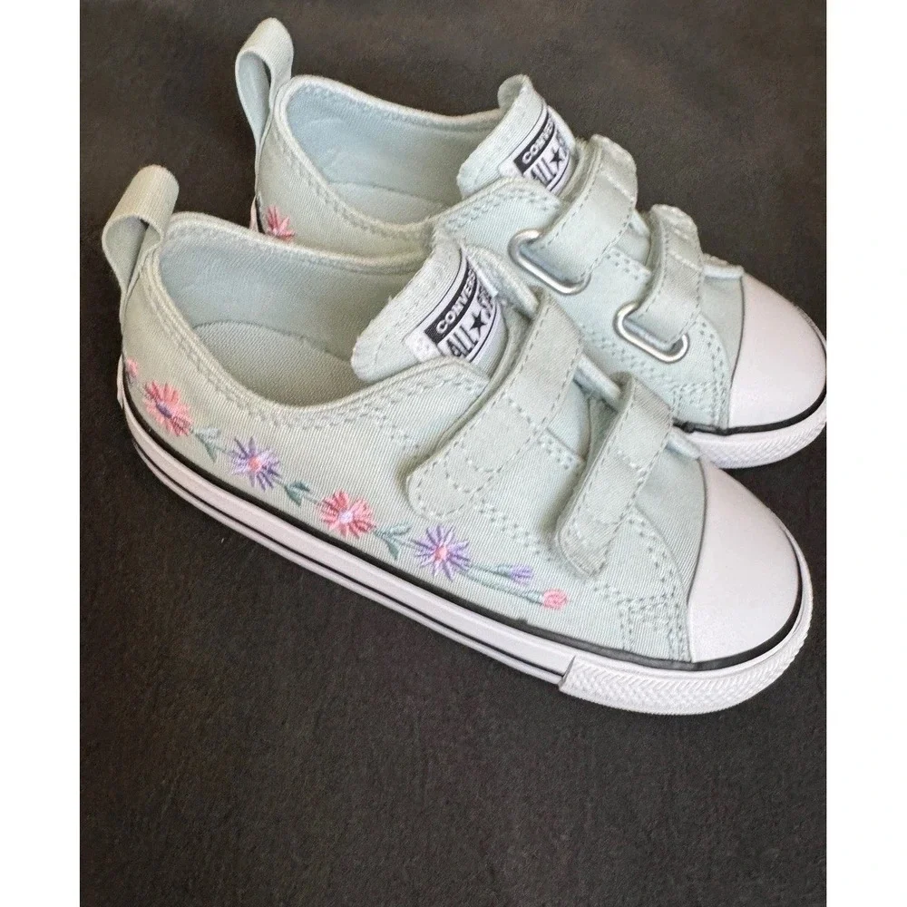 Converse All Star Infant 10 Mint Green Floral Embroidered Strap Sneakers NEW